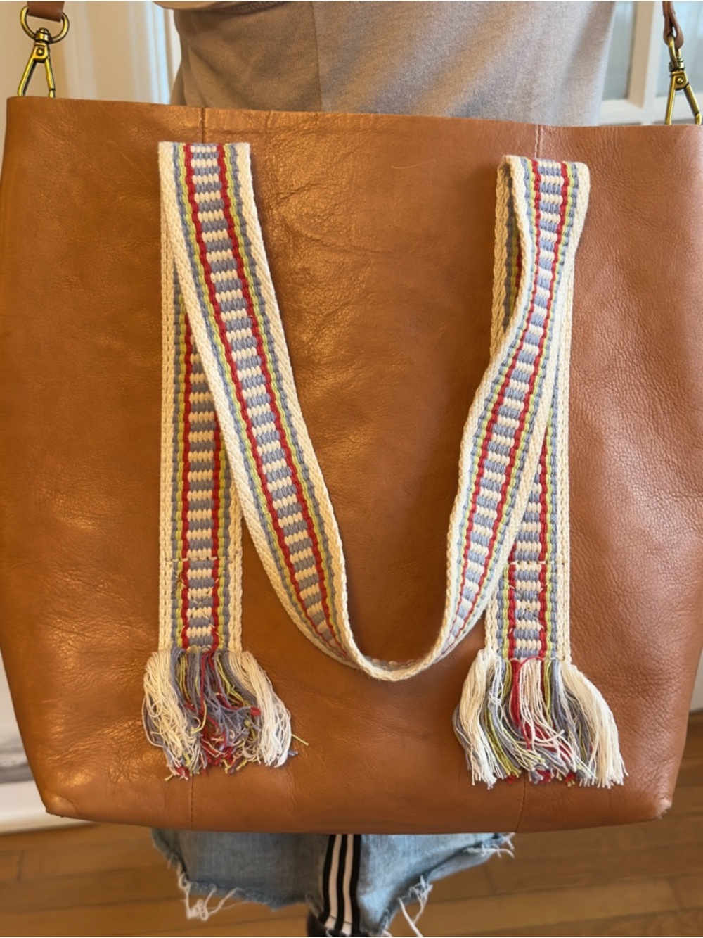 Madewell Transport Tote Tan Leather With Woven Handles Boho Detachable Strap - Picture 8 of 10